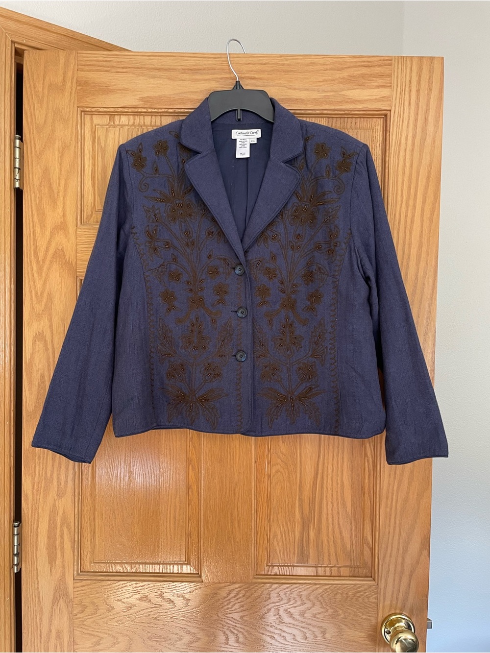 Vintage Coldwater Creek Women Blue Floral Western Embroidered Beaded Jacket PXL